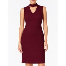 Calvin Klein Scuba Crepe Sheath Dress V Neck Choker Womens 6 Burgundy