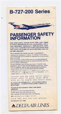 Delta Airlines B-727-200 Series Passenger Safety Information Card 1988