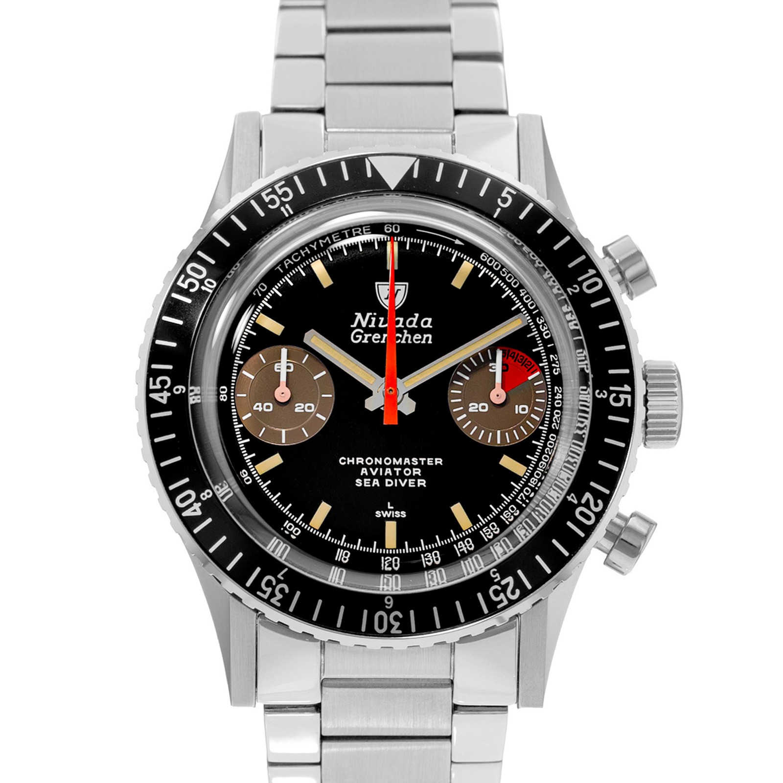 Nivada Chronomaster 87033M20 38mm Blacl Index Steel Chronograph Mens Watch 2020