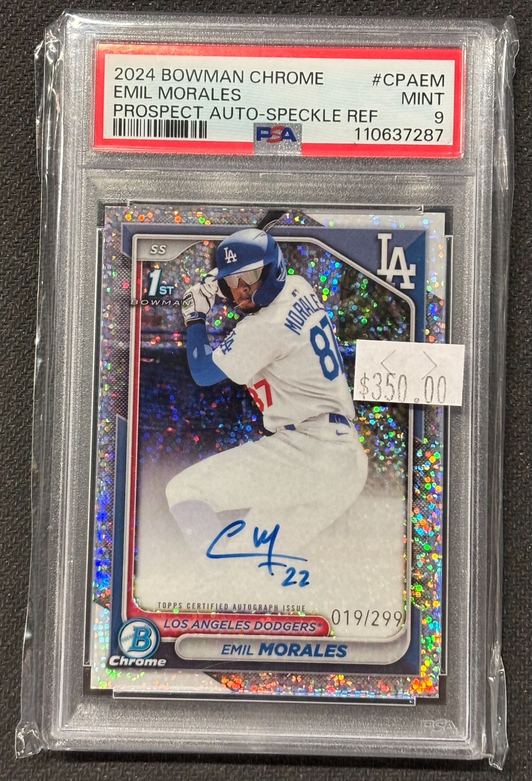 2024 Bowman Chrome PSA 9 Emil Morales 1st Speckle Refractor Autograph /299