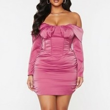 PrettyLittleThing Pink Satin Drape Bardot Sleeve Ruched Back Bodycon Dress 16