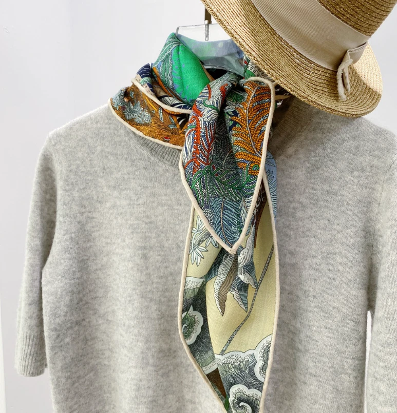 70% Cashmere 30% Silk Wrap Scarf Green grass Print Double Face Print Shawl 27'' - Image 4 of 4