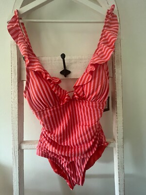 Ellen Tracy RedAnd Pink  Stripes One Piece Women's size 10 Swimsuit Ruffle NWT