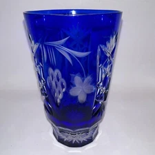 Ajka Marsala Highball Glass 12 oz Cut to Clear Cobalt Blue Tumbler 5.25”
