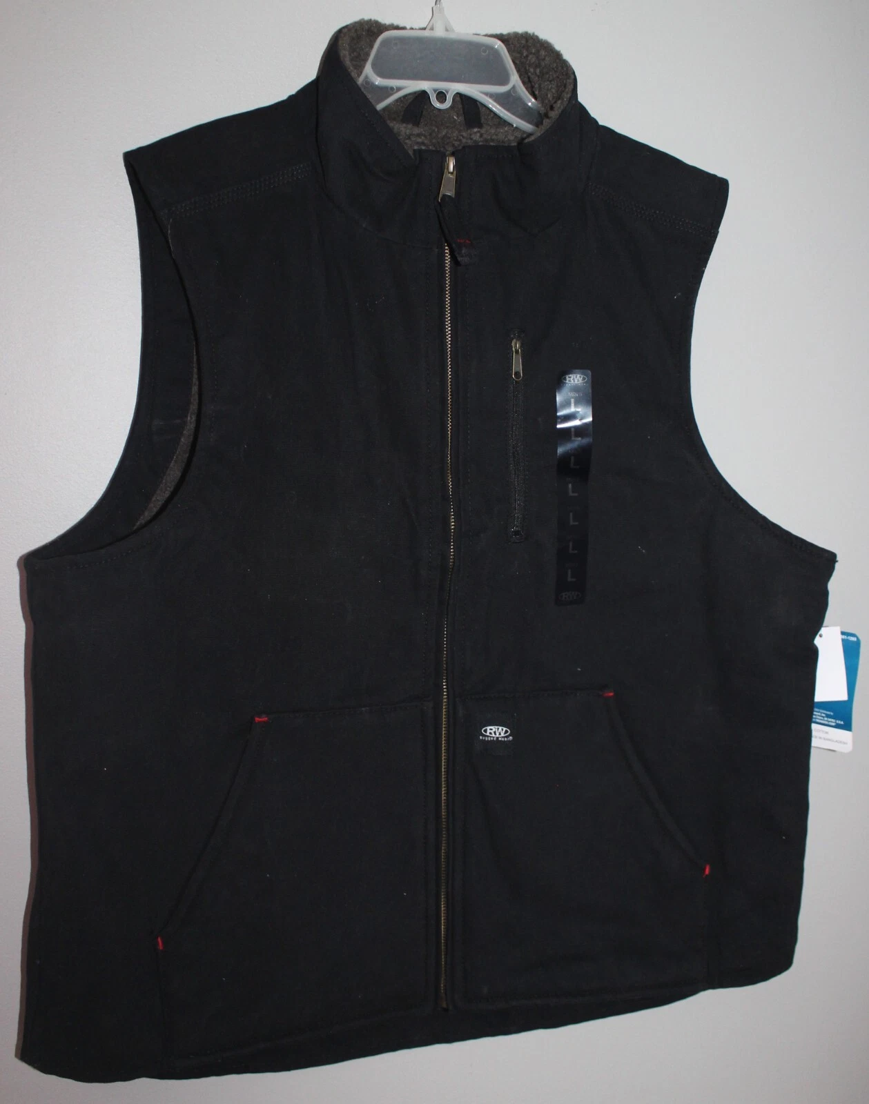 NWT RUGGED WEAR MEN'S BLACK BERBER LINED ZIP FRONT WORK OUTDOORS VEST LARGE
