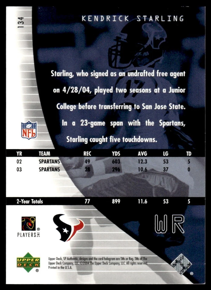 2004 SP Authentic Kendrick Starling Rookie 0545/1199 Houston Texans #134 R24 - Image 2 of 2