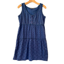 Prana Kendell Blue Eyelet Tank Mini Dress 5 Button Small Tiered Cotton Summer