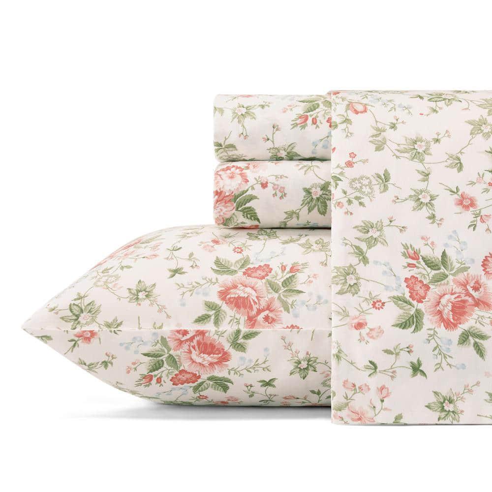 Laura Ashley Sheet Set Queen Size (4Pc) Deep Pocket Sateen Floral Pastel Red