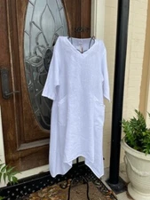 HLD1231 White Medium NWT Match Point Linen Dress Pocket 3/4 Sleeve Mid Length