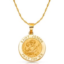 14K Yellow Gold St. Joseph Charm Pendant with 1.8mm Singapore Chain Necklace