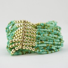 Turquoise  Gold Color Beaded Boho Statement Stretchy Bracelet