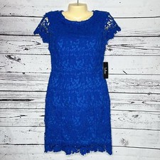Lulus NWT Size S Blue Floral Lace Overlay Romance Language Backless Sheath Dress
