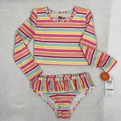 Epic Threads Toddler Girl 3T Swim 2 Piece Long Sleeve Stripe Rash Guard msrp $34