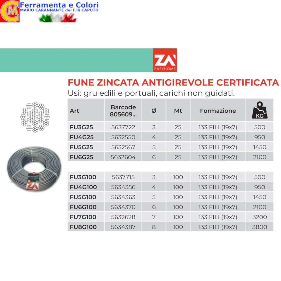 Fune Cavo Corda Acciaio ZINCATO ANTIGIRO Rotolo 25-100M Per Gru Edili Portuali - Immagine 2 di 2