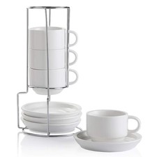 Sweejar Porcelain Cappuccino Cups with Saucers and Metal Stand – Set of 4 120ml