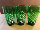 Vintage Anchor Hocking LILY OF THE VALLEY  Forest Green Glass Tumbler 3 Total