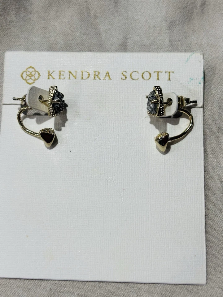New Kendra Scott Perry Ear Gold Jacket Earrings In Black Drusy - Image 2 of 4