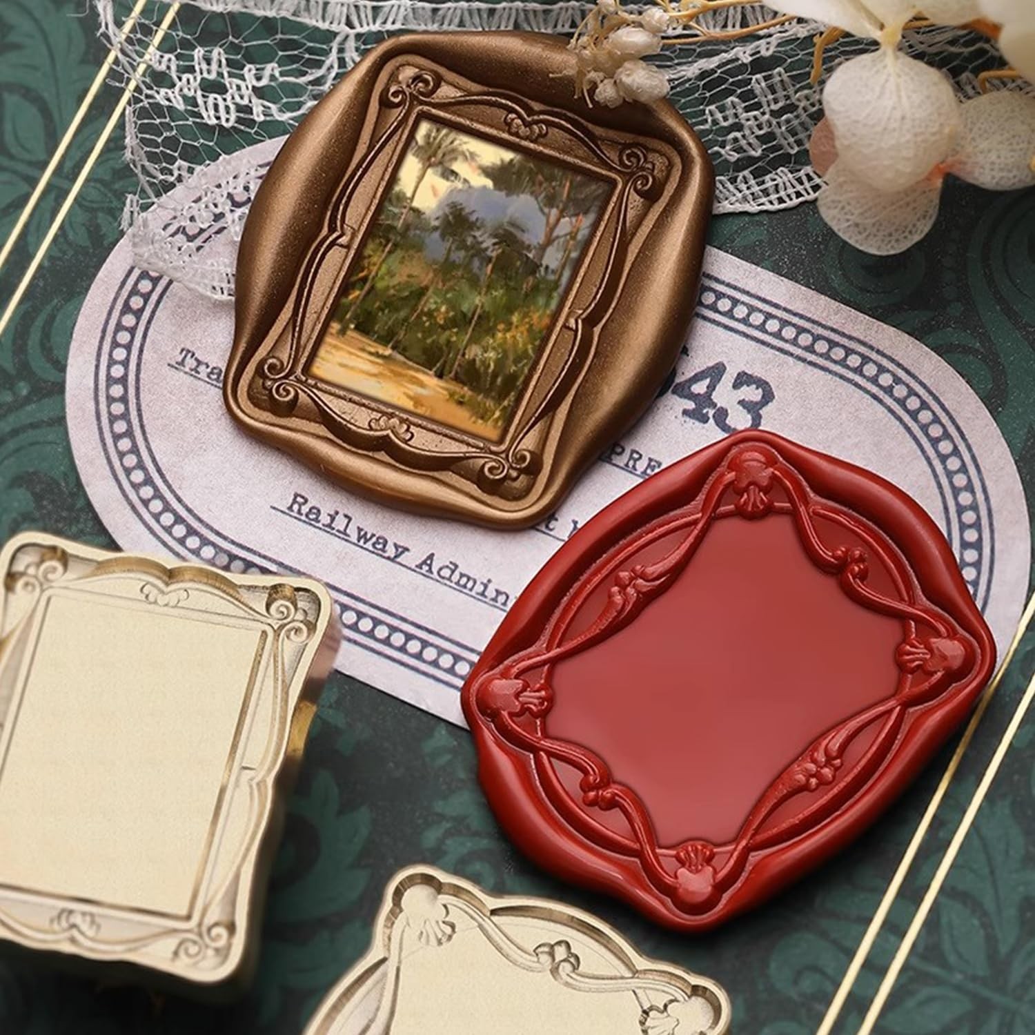 Frame Wax Seal Stamp, 3D Embossed Relief Carving Head and Wood Handle for Wax