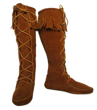 Minnetonka 1422 Women's 7 Knee High Moccasins Brown Suede Leather Fringe Boots