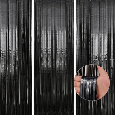3 Pack 3.3 x 9.9 ft Black Foil Fringe Backdrop Curtain, Streamer Backdrop Cur...