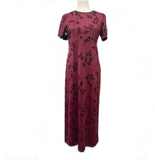 Vintage 90s Goth Liz Claiborne Burgundy Black Leaf Print Maxi Dress PM Grunge