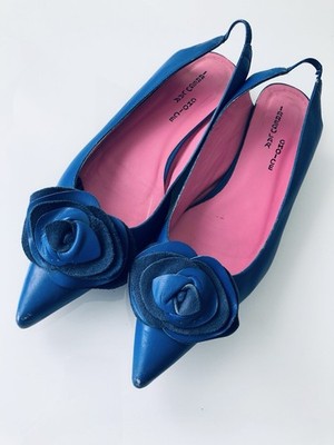 Irregular Choice Blue Leather Flats embellished Bow Heart Heel Pointy Toe 8