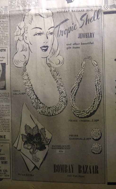 OCT 3, 1944 NEWSPAPER PAGE #2116- HAWAIIAN TROPICAL SHELL JEWELRY- BOMBAY BAZAAR