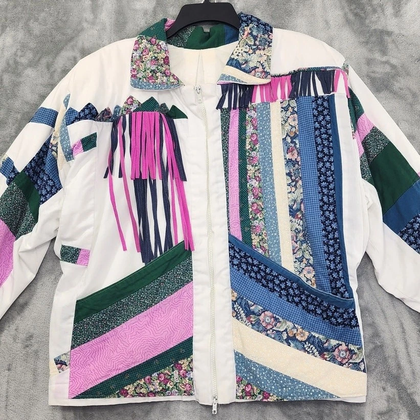 Vintage Quilted Patchwork Suede Fringe Full Zip Jacket Size L White Pink Floral - Image 2 of 4