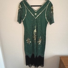 Art Deco Fringe Sequin Flapper Dress Great Gatsby Costume Large Glam Cocktail