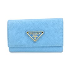 PRADA Triangle Log Saffiano Leather Key Case Key Holder Blue Authentic Used F/S