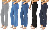 Womens Side Elastic Waist Jeans Straight Leg Regular Fit 25 Leg Ladies