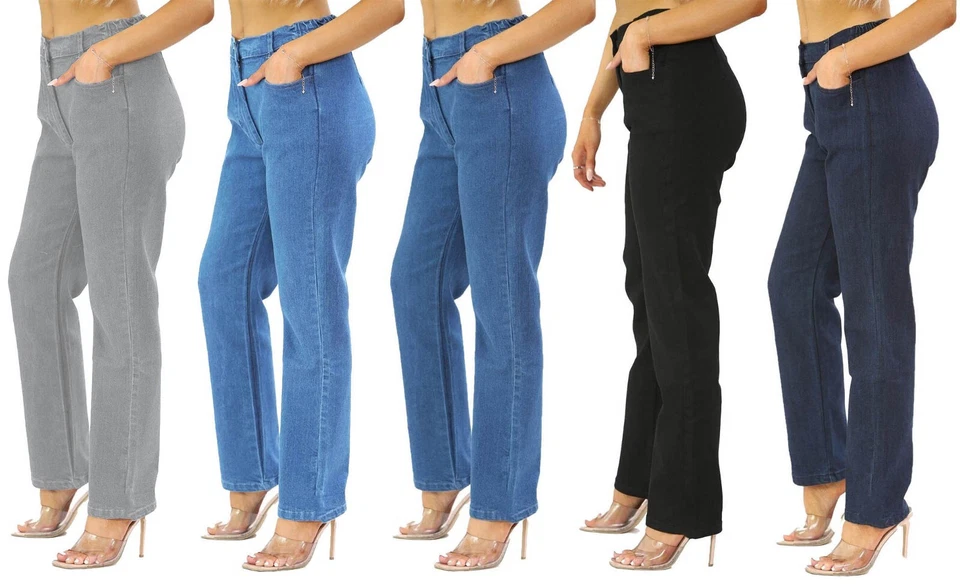 Womens Side Elastic Waist Jeans Straight Leg Regular Fit 25" Leg Ladies - Image 1 of 1