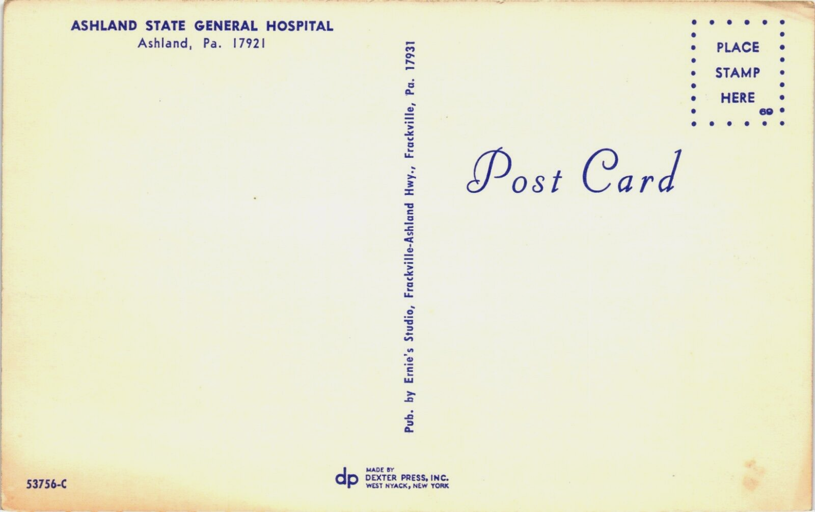 Postcard Ashland State General Hospital Ashland, Pennsylvania