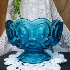 Vintage L.E. SMITH GLASS Blue Moon & Star 5" Scalloped Compote Candy Dish Bowl