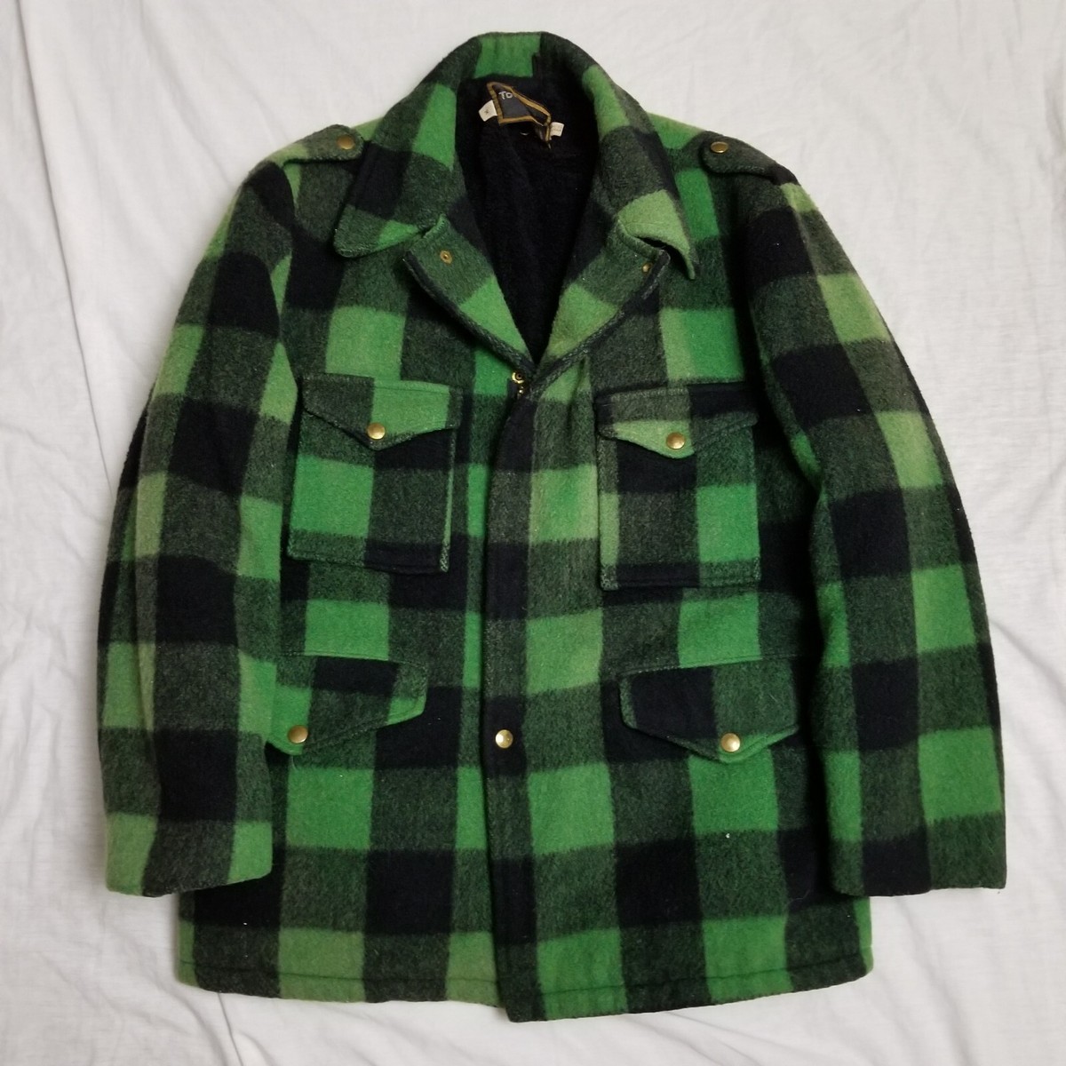 Vintage 60s 70s Towncraft Green Plaid Jacket Flannel Full Zip CPO 