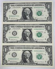 Uncut Sheet of 3 Three - 1 One Dollar Bills- Uncirculated
