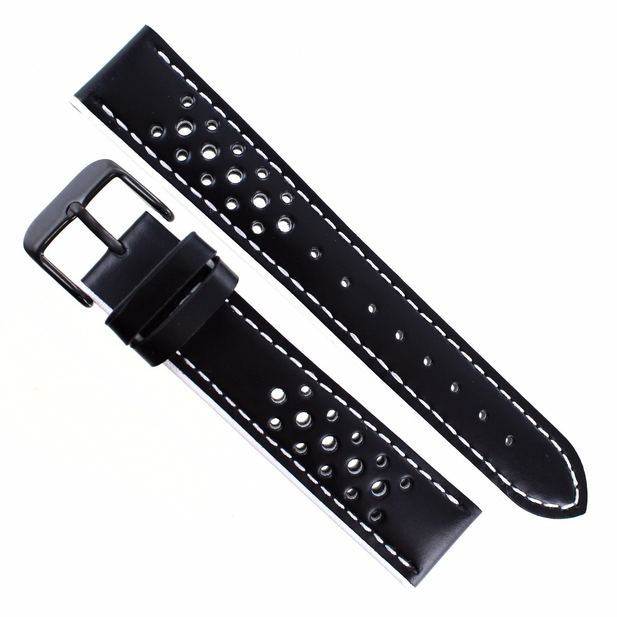 Cinturino Orologio Uomo 22mm Milano Pelle Nera Con Cuciture Bianche E Fibbia Ionica &ndash; Hadley Roma