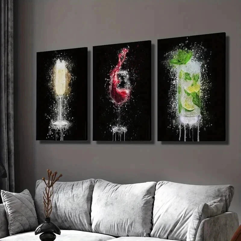 3pcs Champagne Glass on Black Background Wall Art Canvas Framed 50x70cm