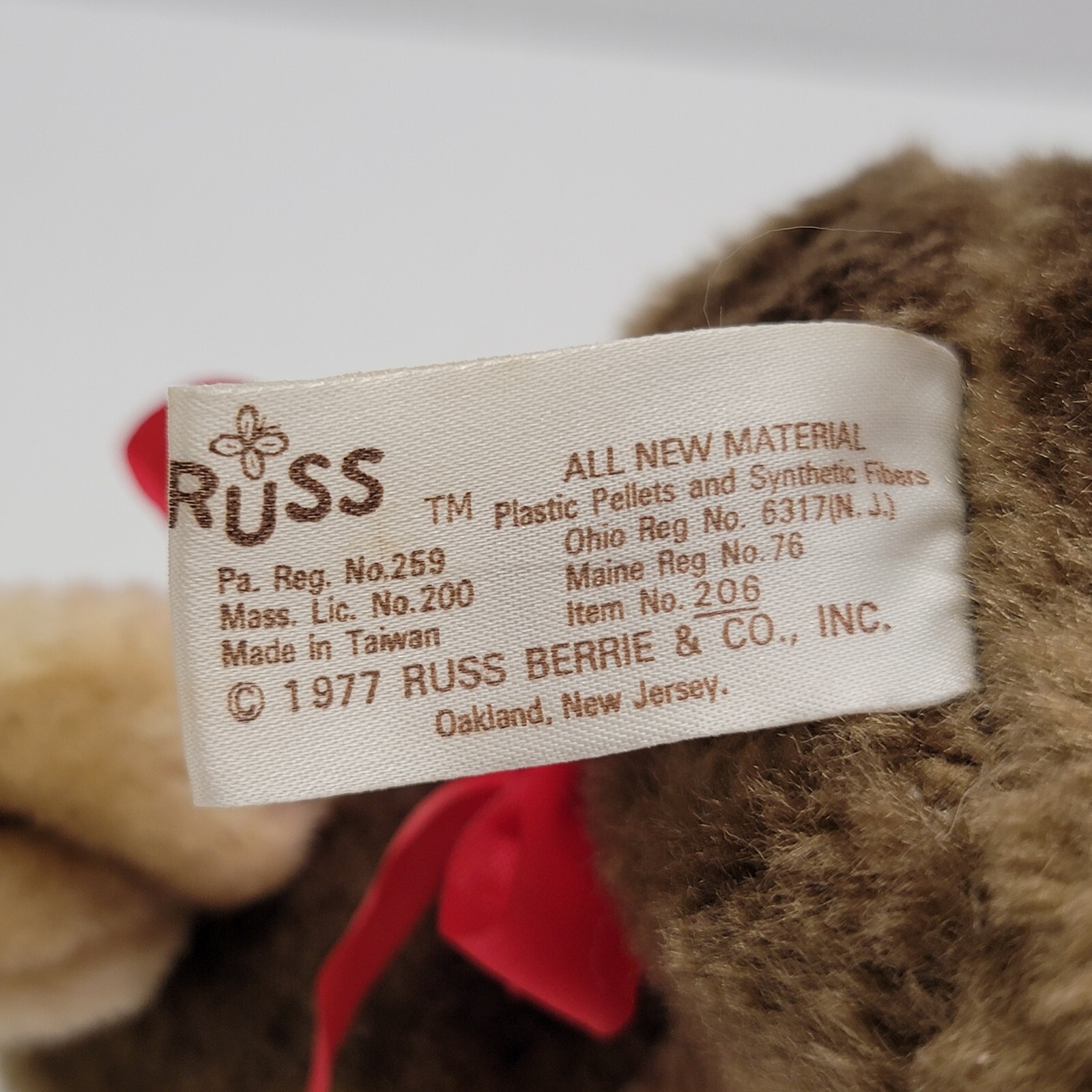 Vintage 1977 Russ Sidney Sleeping Brown Monkey Plush Red Ribbon 6"