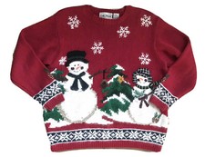 Vintage Hand Knitted Christmas Snowman Cardigan Sweater Sz L