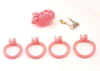 Male Pink/White Sissy Chastity Cage Device with 4 Size Rings Lock