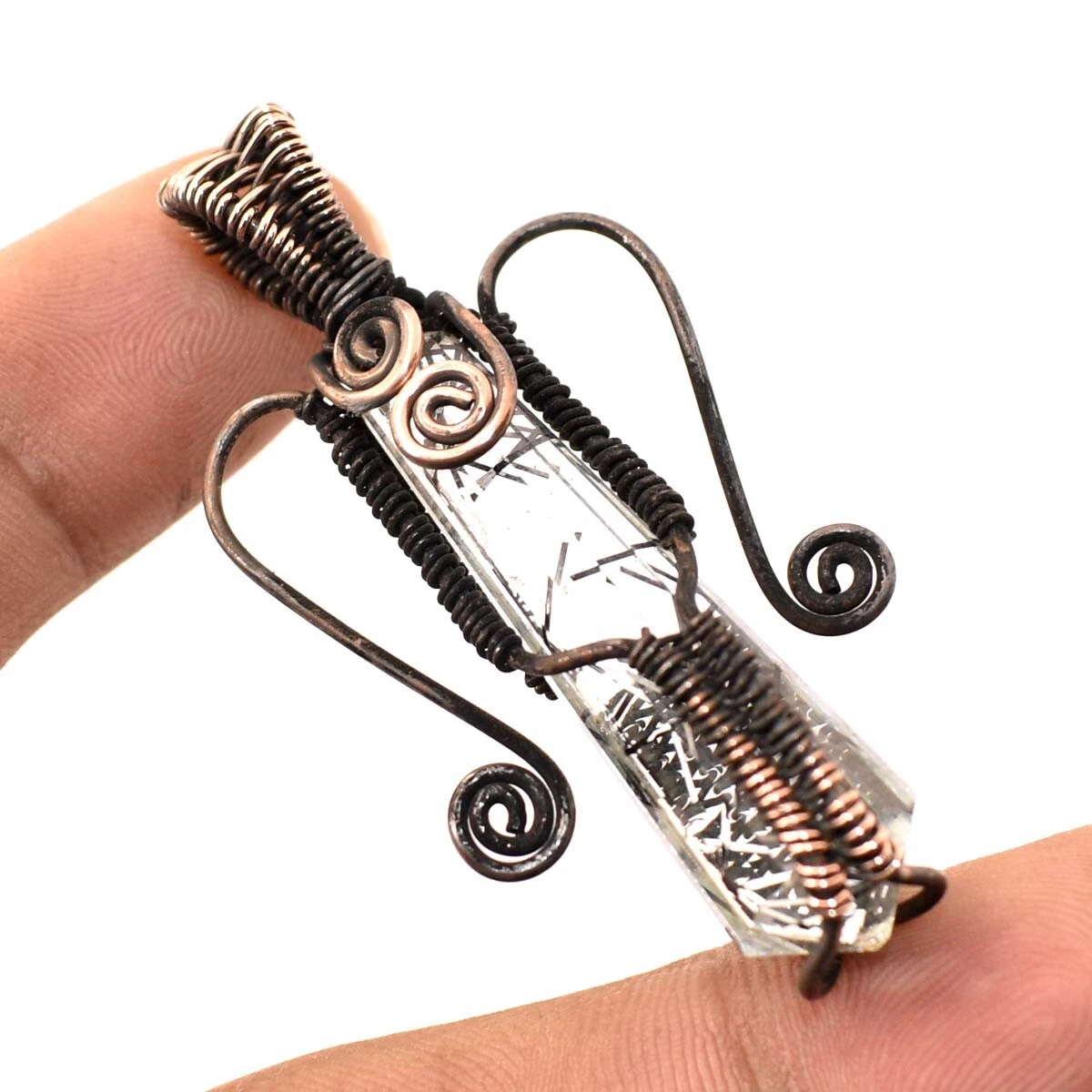 VETEMENTS Ciondolo pietra preziosa rutilo nero fatto a mano filo etnico avvolgente rame gioielli 2 2" v644