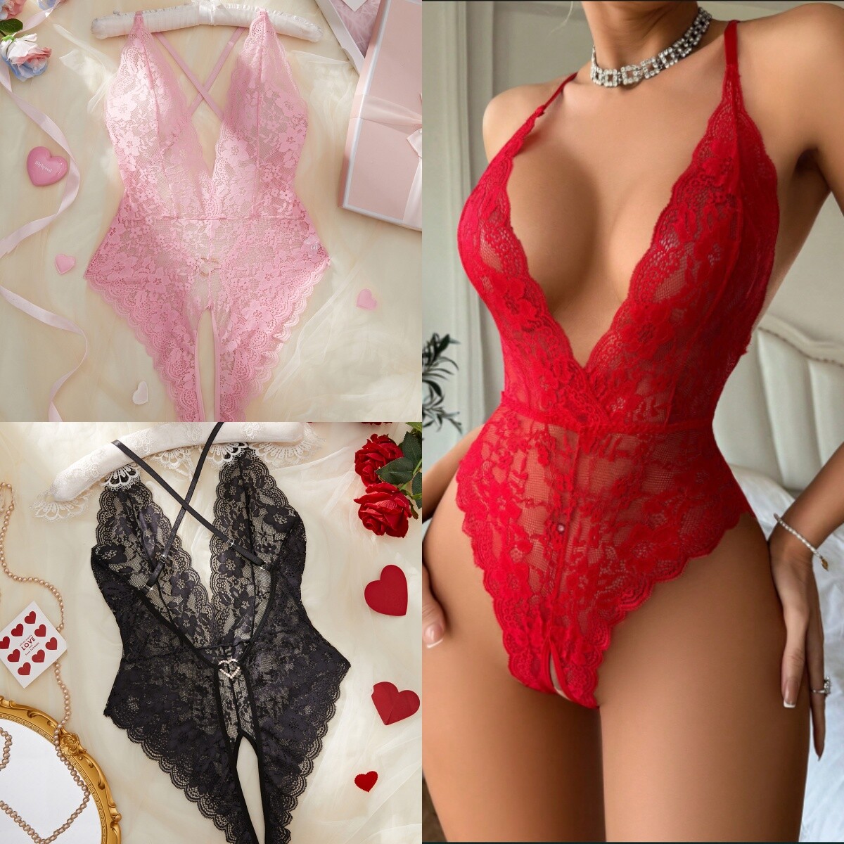 Sexy lace bodysuit babydoll lingerie backless V-neck mini teddy