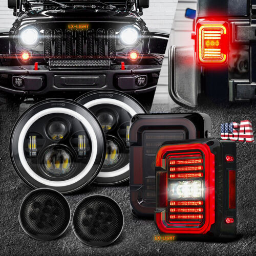 Pour Jeep Wrangler JK 07-18 Combo 7 pouces phares à LED Halo clignotants feux arrière - Photo 1 sur 12