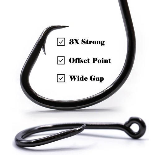 Offset Circle Fishing Hooks | High Carbon Steel Saltwater Hooks | 14 Sizes For Catfish, Bass & Trout