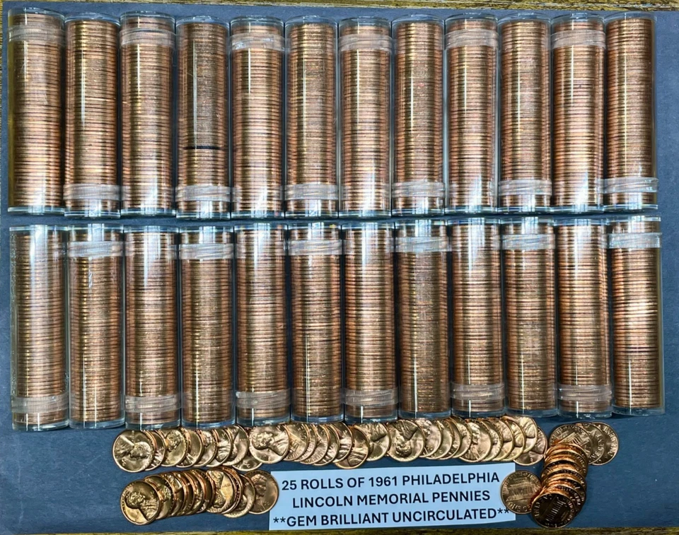 1961-P Lincoln Memorial Penny Lot of 25 BU Rolls ~ 1,250 GEM BU 1961-P Pennies - Image 4 of 4