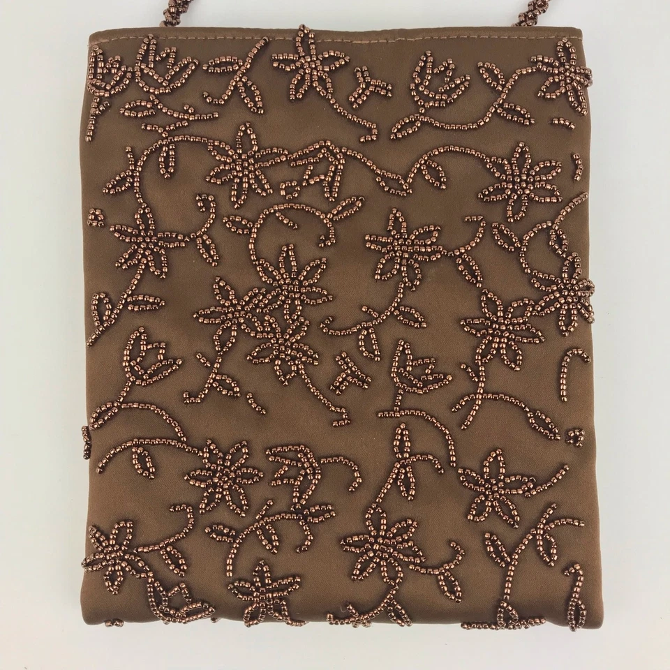 Franchi Beaded Crossbody Brown Satin Beaded Strap Inner Pocket Lined Small - Image 2 of 4