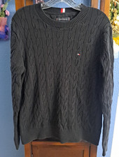 Men's L Tommy Hilfiger Black Classic Preppy Braided Cable Knit Crew Neck Sweater
