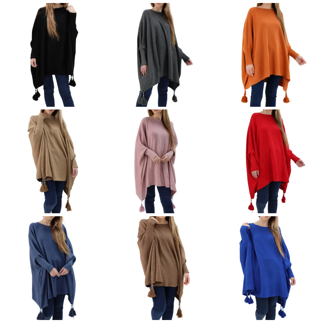Womens Italian Plus Size Batwing Jumper Knit Cape Winter Poncho Tassel Pocket