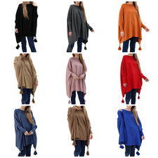 Womens Italian Plus Size Batwing Jumper Knit Cape Winter Poncho Tassel Pocket